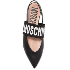 NEW Moschino Logo Strap Leather Pointed Toe Slingback Flats 36 5.5